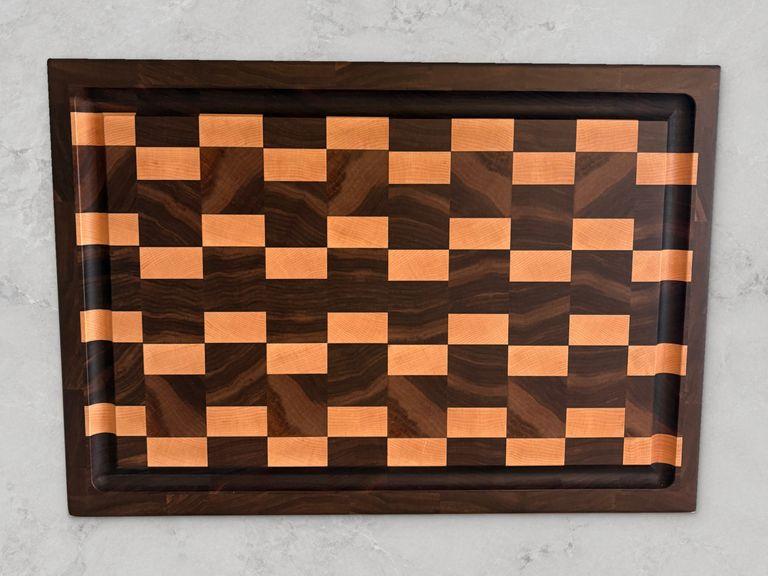 Walnut and maple offset checkered end-grain board