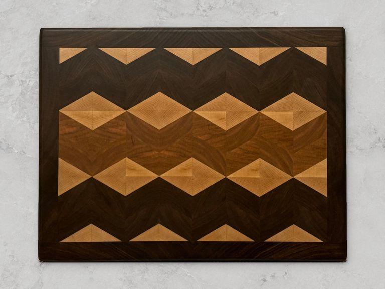 Walnut and maple diamond end-grain board with cherry centres